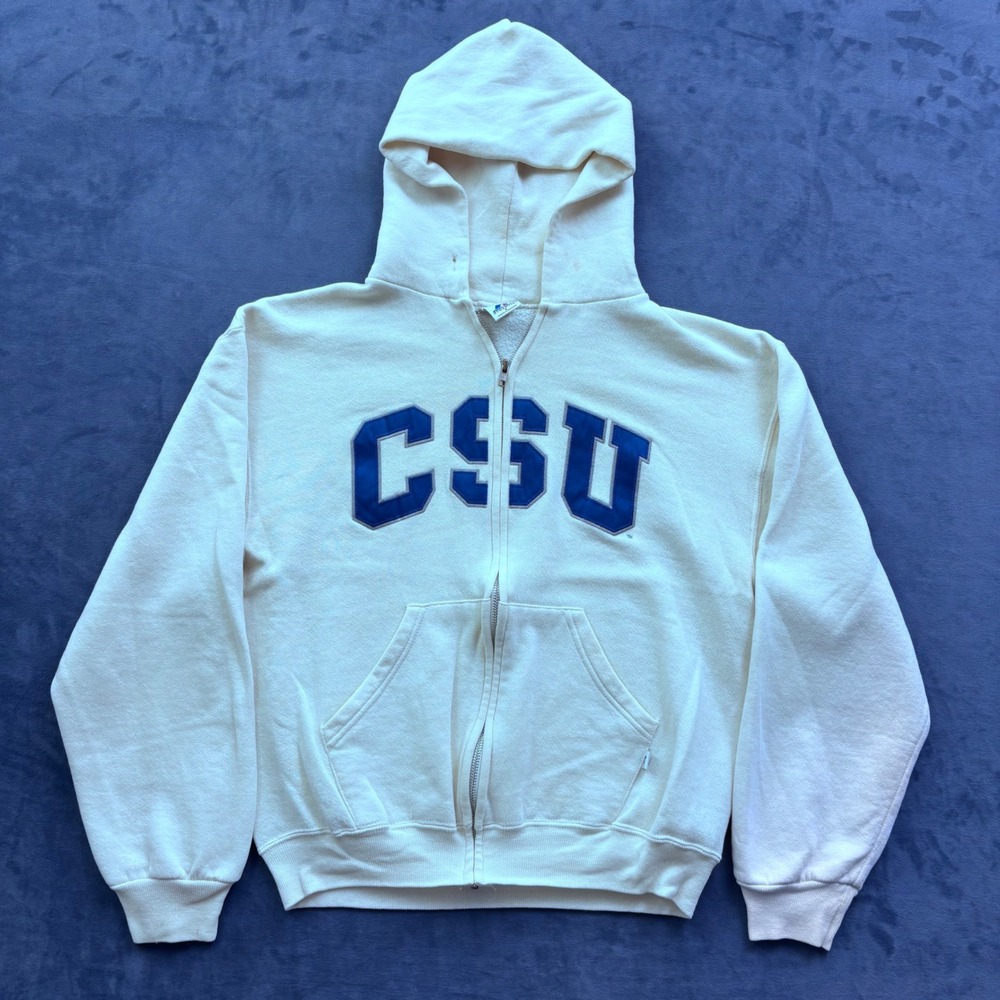 Vintage Russell Athletic CSU Zip Up Hoodie Cream Off White Blue Small Collegiate